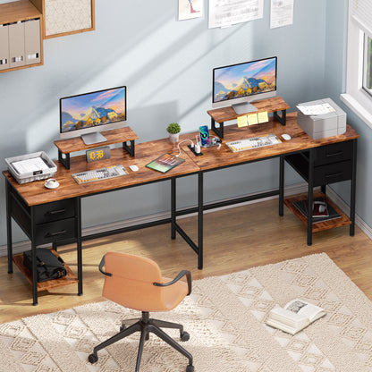 Korfile 59 Inch Brown L Shaped Computer Desk with Charging Station Two Person Gaming Desk 4 Drawers 2 Monitor Stands Home Office Corner Workstation