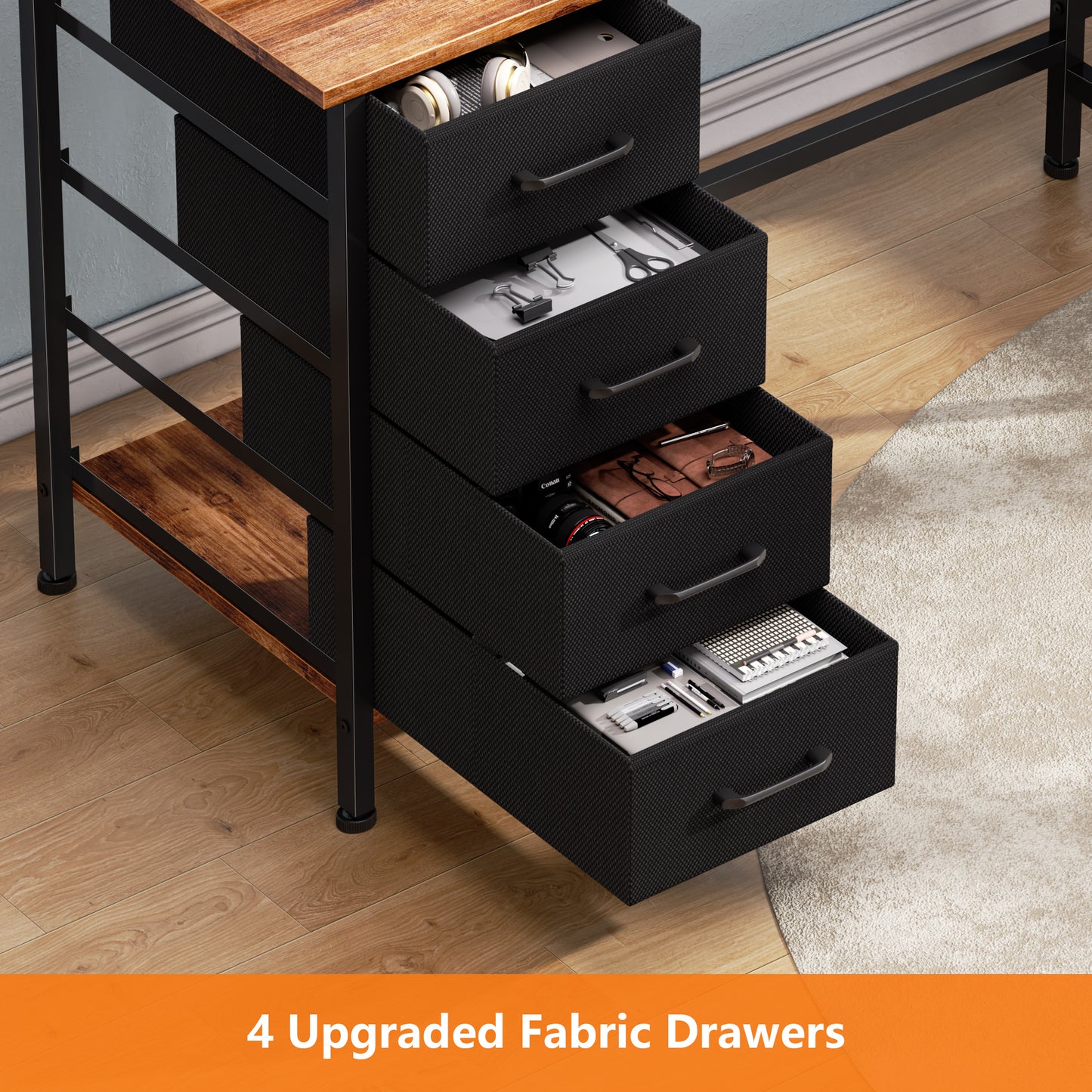 Korfile 59 Inch Brown L Shaped Computer Desk with Charging Station Two Person Gaming Desk 4 Drawers 2 Monitor Stands Home Office Corner Workstation