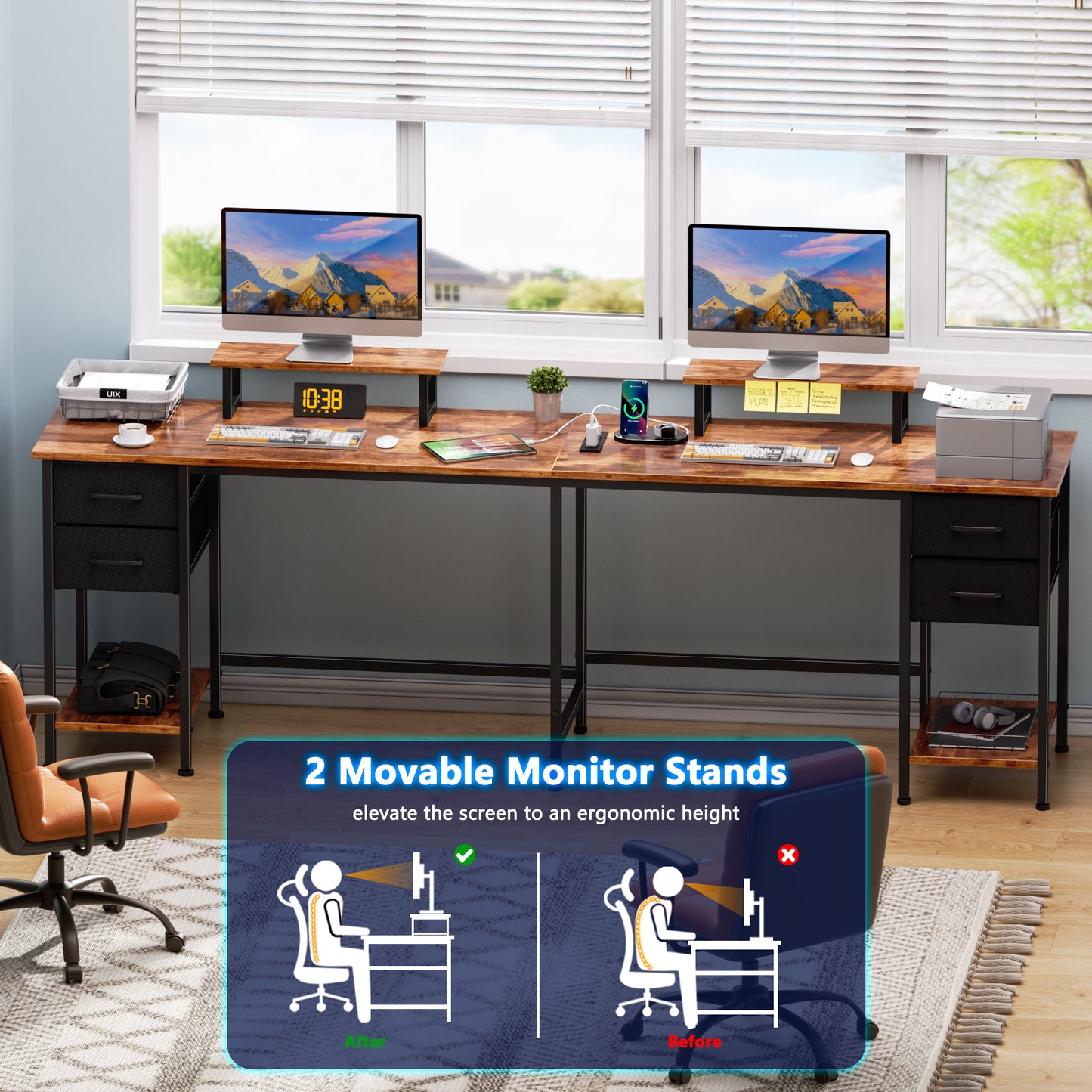 Korfile 59 Inch Brown L Shaped Computer Desk with Charging Station Two Person Gaming Desk 4 Drawers 2 Monitor Stands Home Office Corner Workstation