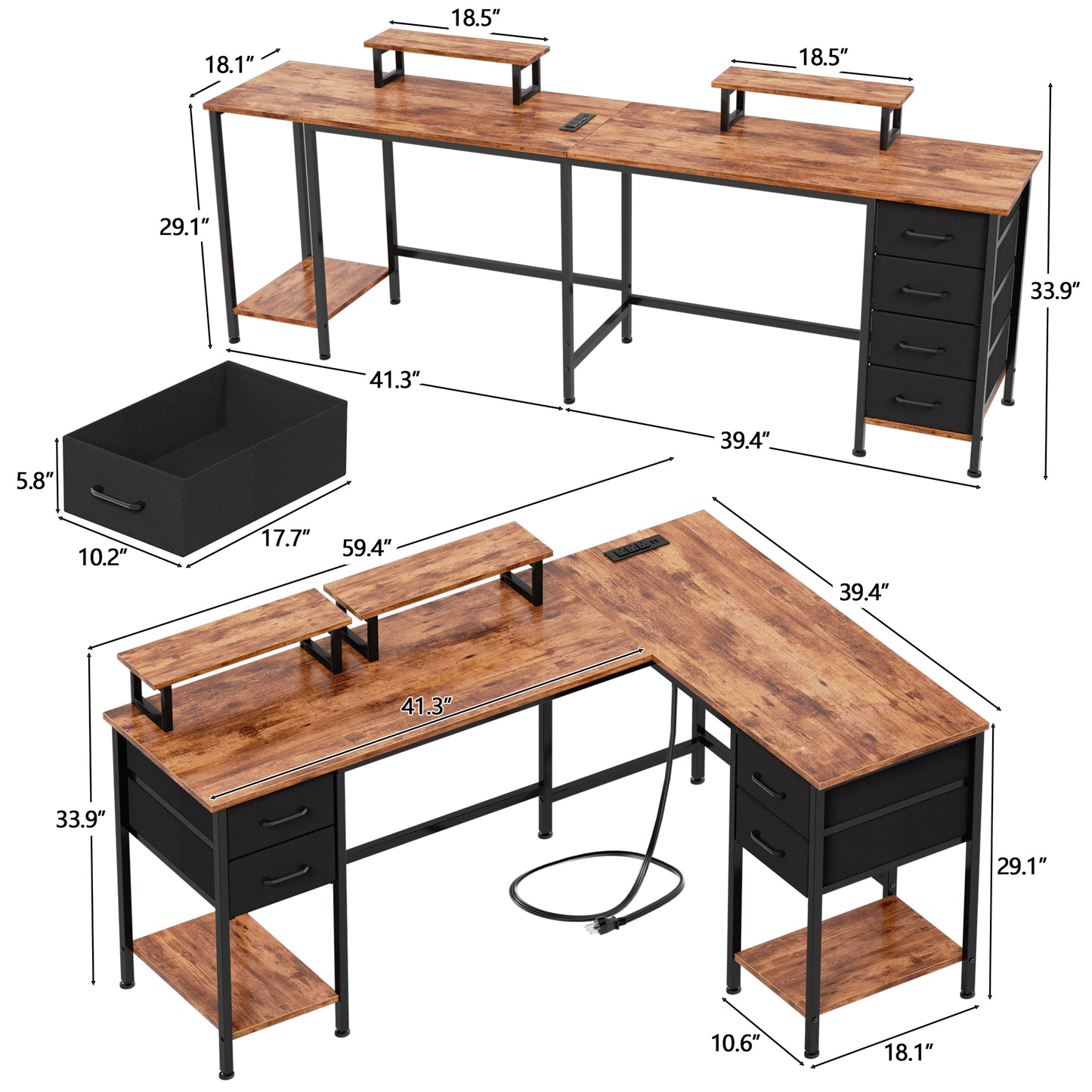 Korfile 59 Inch Brown L Shaped Computer Desk with Charging Station Two Person Gaming Desk 4 Drawers 2 Monitor Stands Home Office Corner Workstation