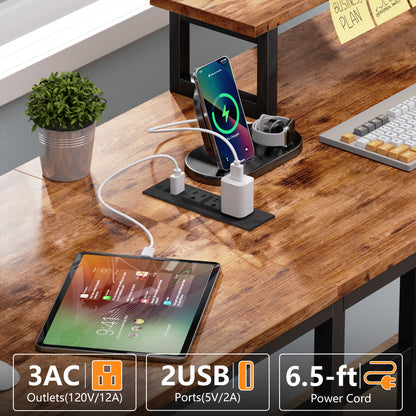 Korfile 59 Inch Brown L Shaped Computer Desk with Charging Station Two Person Gaming Desk 4 Drawers 2 Monitor Stands Home Office Corner Workstation