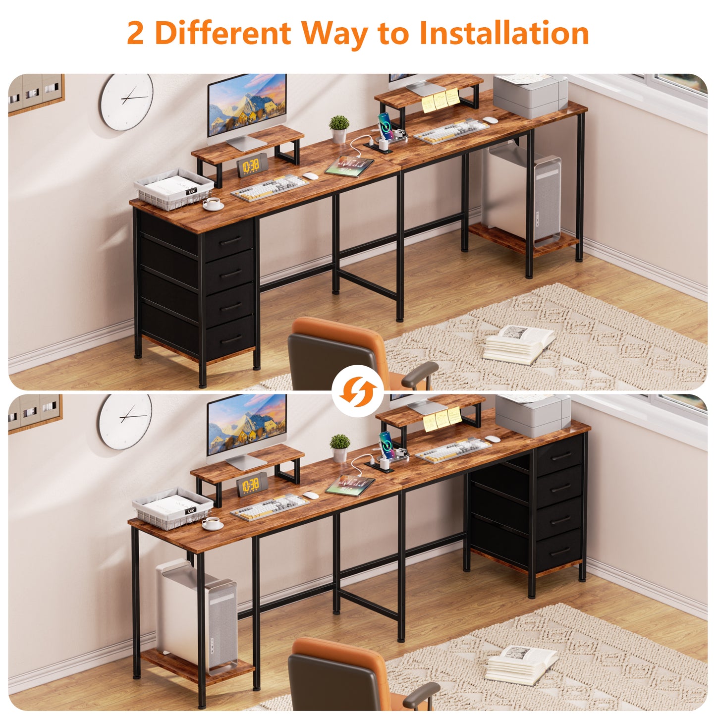 Korfile 59 Inch Brown L Shaped Computer Desk with Charging Station Two Person Gaming Desk 4 Drawers 2 Monitor Stands Home Office Corner Workstation