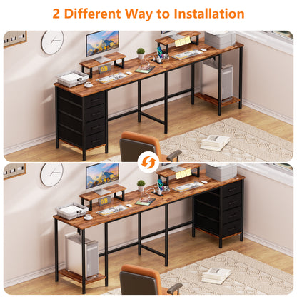 Korfile 59 Inch Brown L Shaped Computer Desk with Charging Station Two Person Gaming Desk 4 Drawers 2 Monitor Stands Home Office Corner Workstation