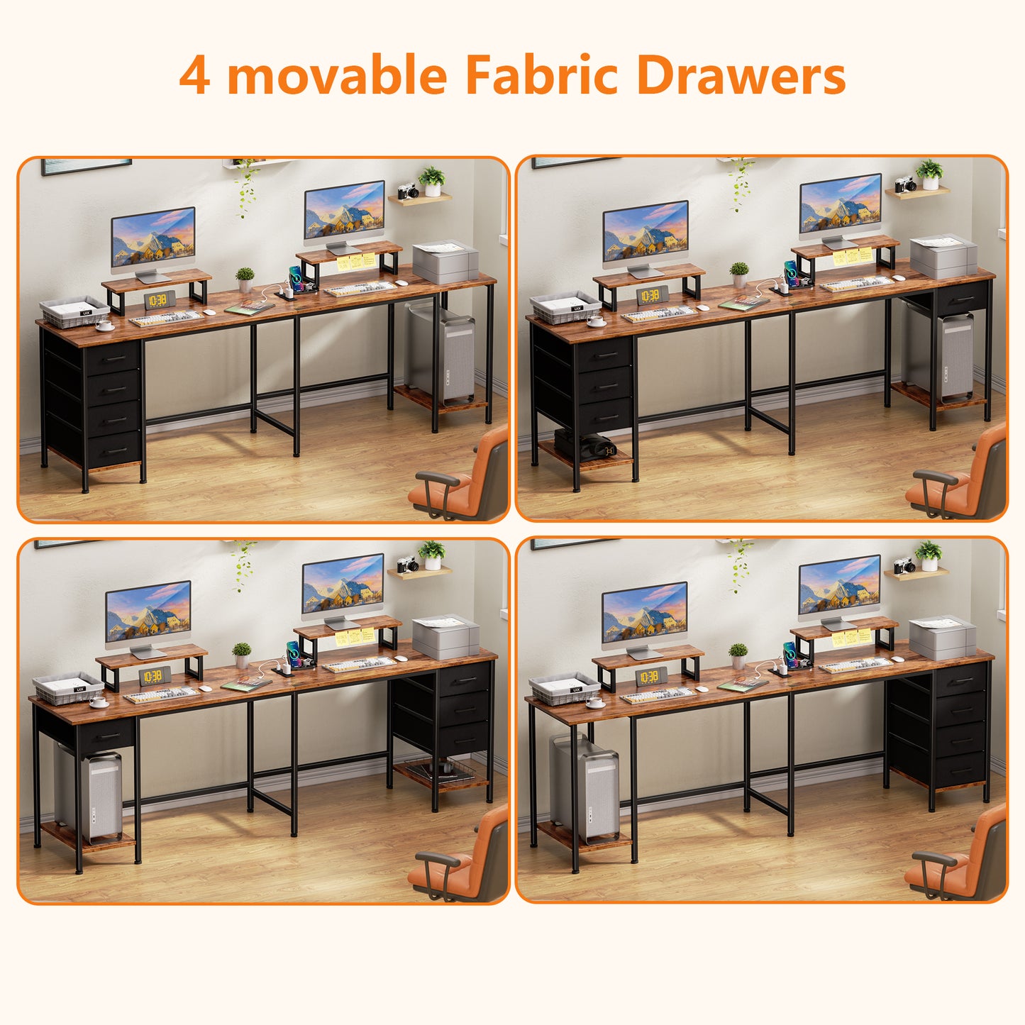 Korfile 59 Inch Brown L Shaped Computer Desk with Charging Station Two Person Gaming Desk 4 Drawers 2 Monitor Stands Home Office Corner Workstation