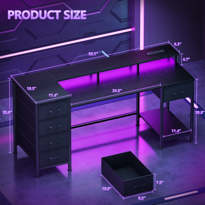 Korfile 55 Inch Gaming Computer Desk with Power Outlets,LED,5 Drawers,Black