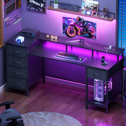 Korfile 55 Inch Gaming Computer Desk with Power Outlets,LED,5 Drawers,Black