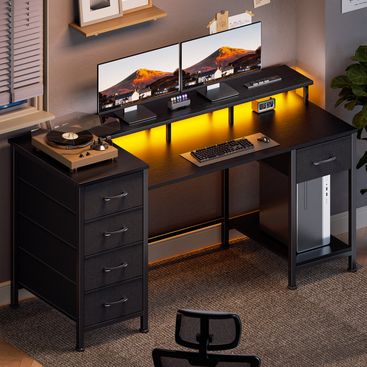 Korfile 55 Inch Gaming Computer Desk with Power Outlets,LED,5 Drawers,Black