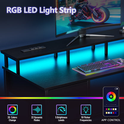 Korfile 55 Inch Gaming Computer Desk with Power Outlets,LED,5 Drawers,Black