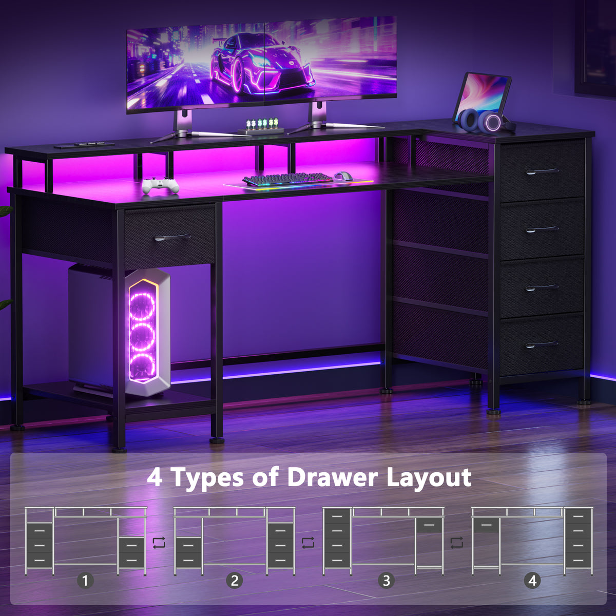 Korfile 55 Inch Gaming Computer Desk with Power Outlets,LED,5 Drawers,Black