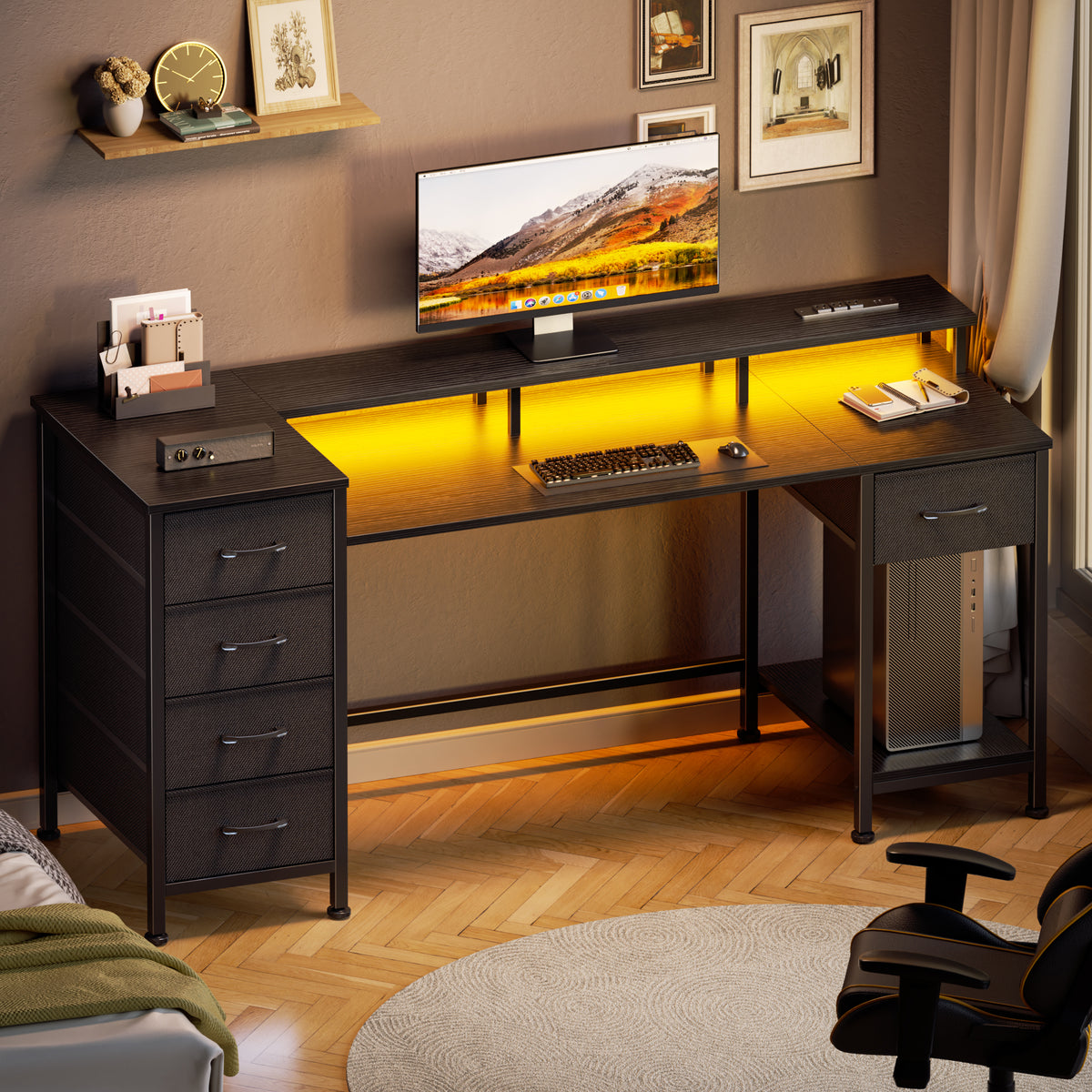 Korfile 55 Inch Gaming Computer Desk with Power Outlets,LED,5 Drawers,Black
