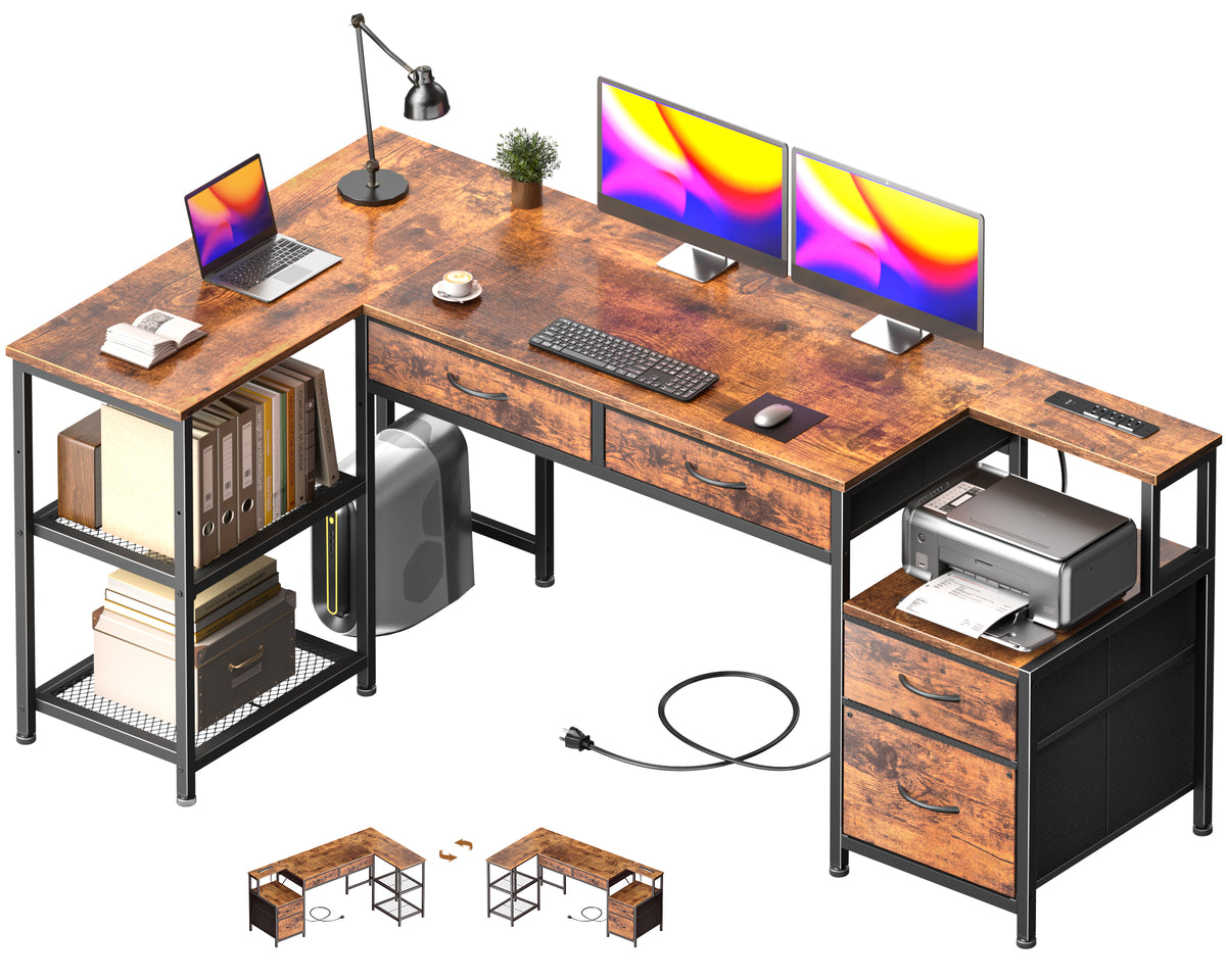 Korfile 57 Inch L Shaped Computer Desk with Power Outlet, Drawers, Rustic Brown