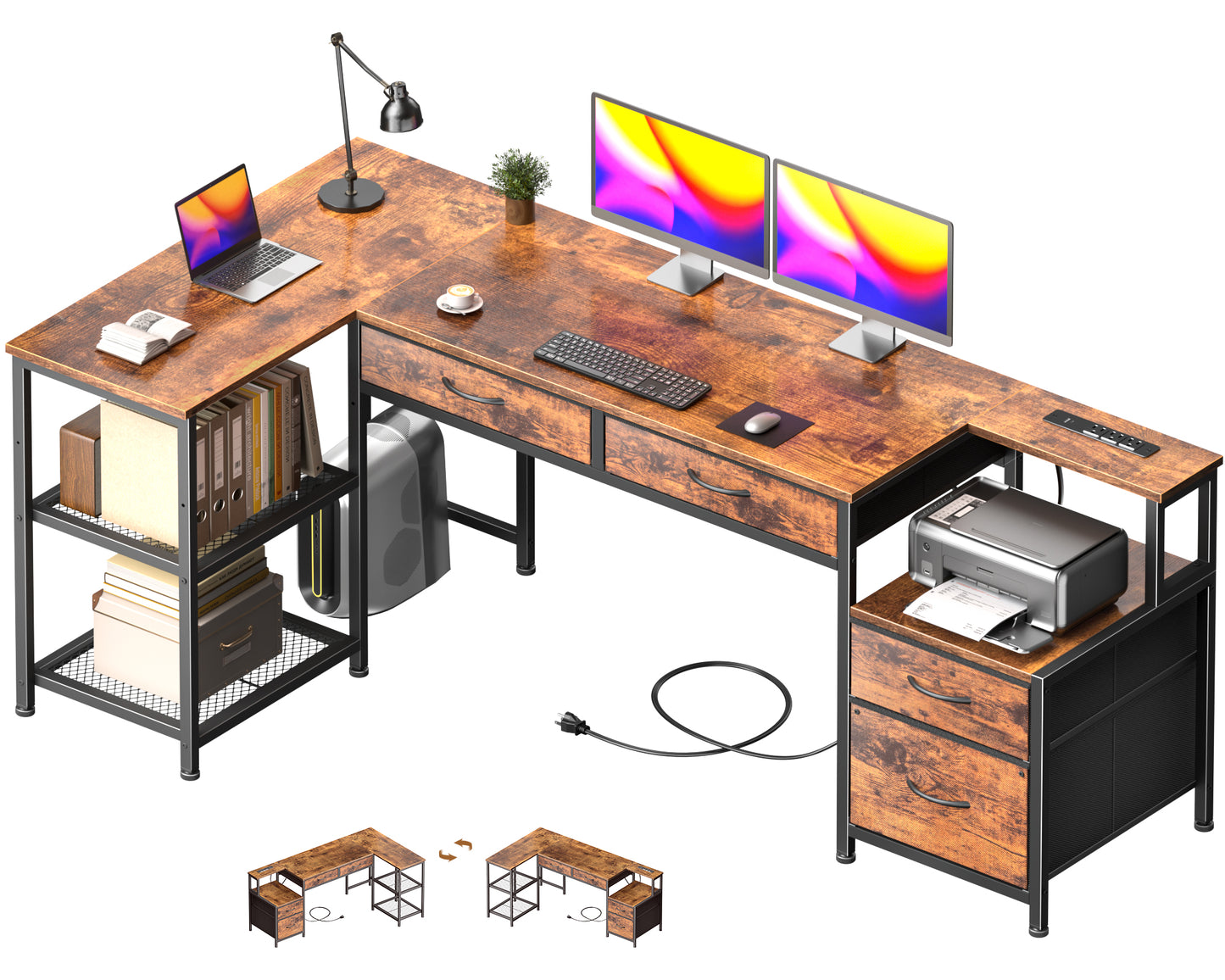 Korfile 65 Inch L Shaped Computer Desk with Power Outlets, Reversible Home Office Desk with 4 Fabric Drawers & 2 Adjustable Mesh Shelves, Corner Study Work Desk with Larger Storage, Rustic Brown