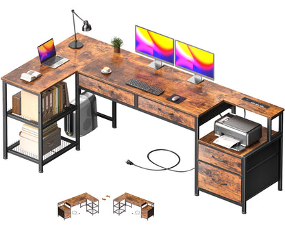 Korfile 65 Inch L Shaped Computer Desk with Power Outlet, Drawers, Rustic Brown