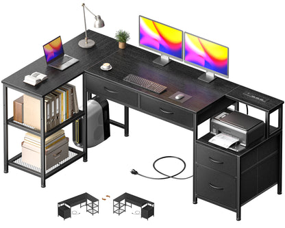 Korfile 57 Inch L Shaped Computer Desk with Power Outlet, Drawers, Black