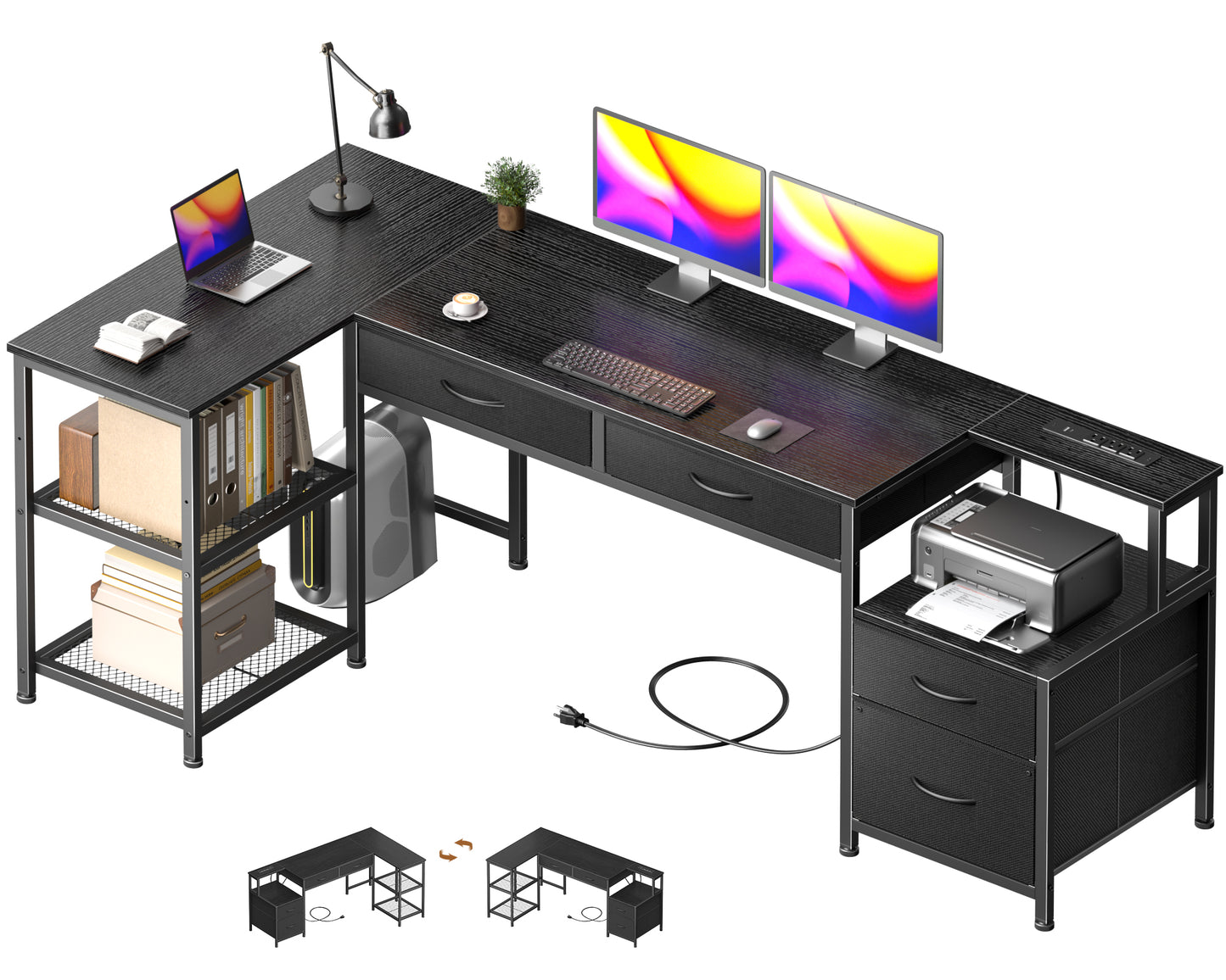 Korfile 65 Inch L Shaped Computer Desk with Power Outlets, Reversible Home Office Desk with 4 Fabric Drawers & 2 Adjustable Mesh Shelves, Corner Study Work Desk with Larger Storage, Black