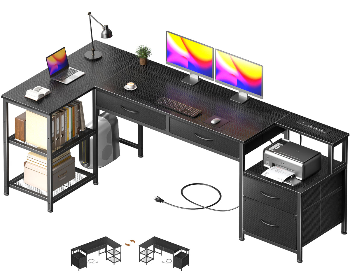 Korfile 65 Inch L Shaped Computer Desk with Power Outlet, Drawers, Black