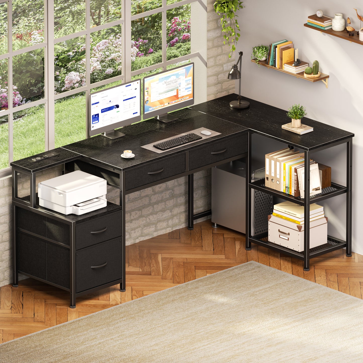 Korfile 57 Inch L Shaped Computer Desk with Power Outlets, Reversible Home Office Desk with 4 Fabric Drawers & 2 Adjustable Mesh Shelves, Corner Study Work Desk with Larger Storage, Black