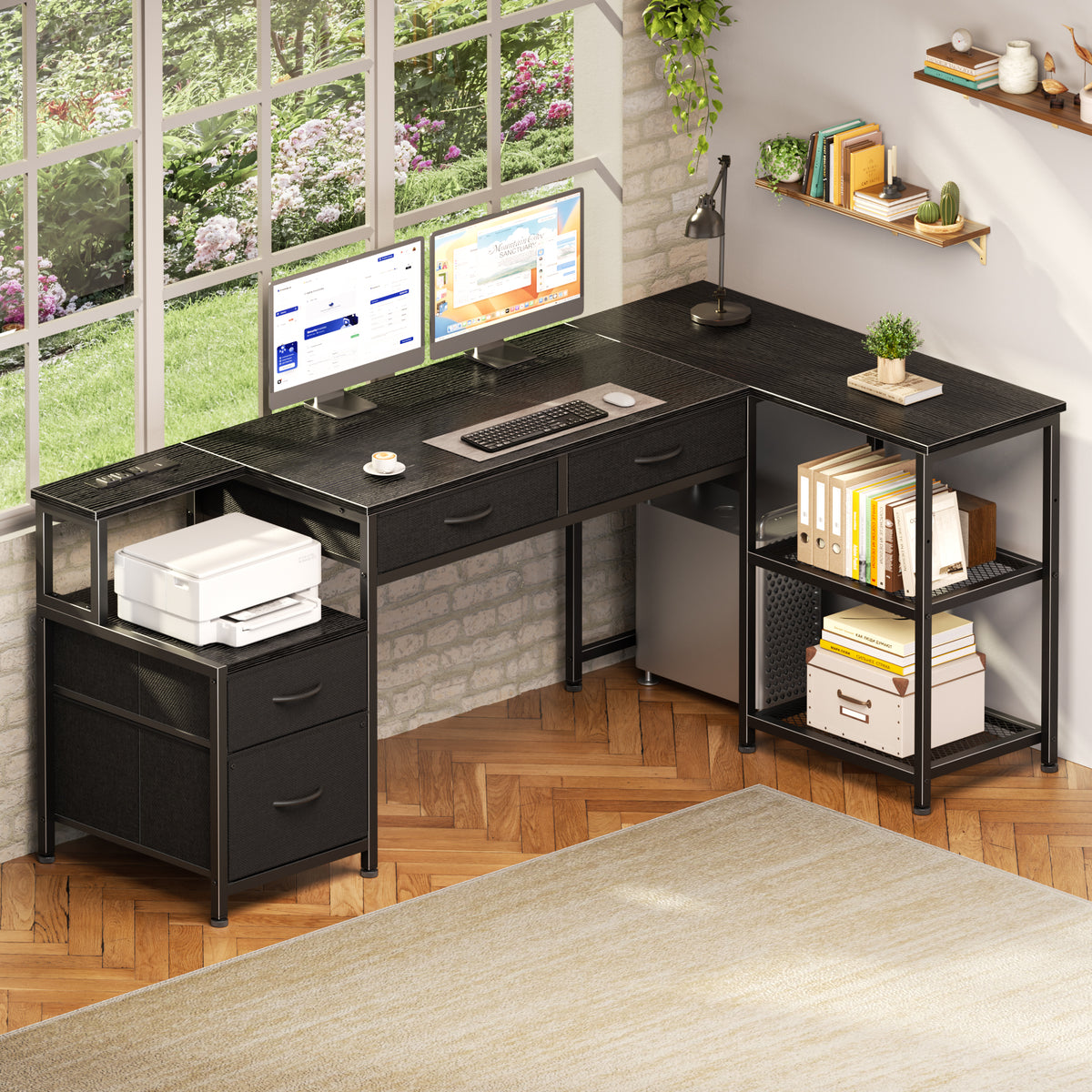 Korfile 57 Inch L Shaped Computer Desk with Power Outlet, Drawers, Black