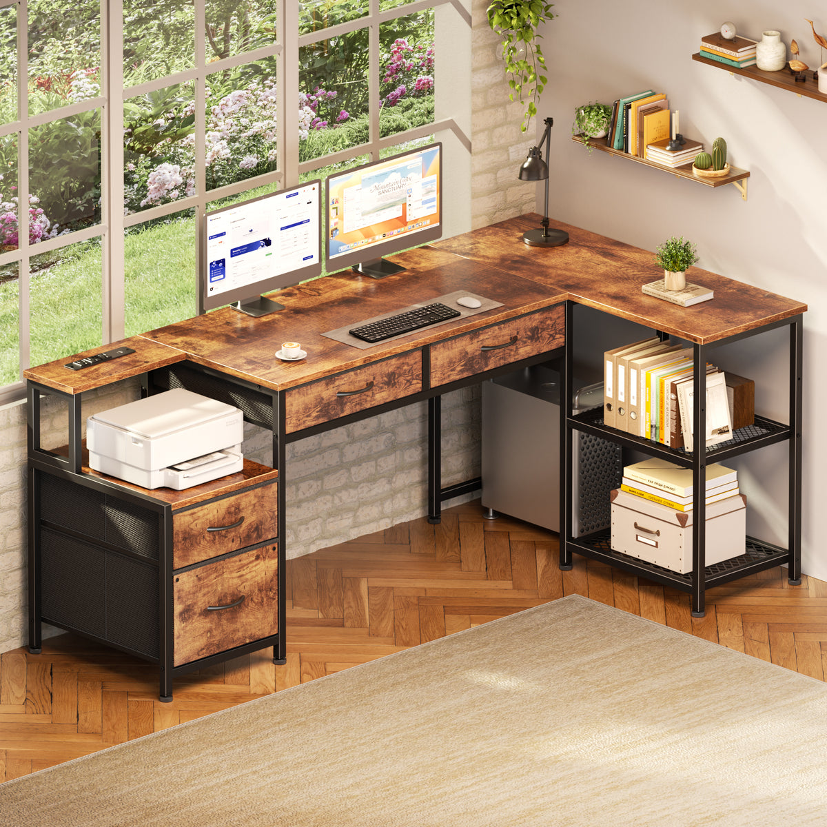 Korfile 57 Inch L Shaped Computer Desk with Power Outlet, Drawers, Rustic Brown