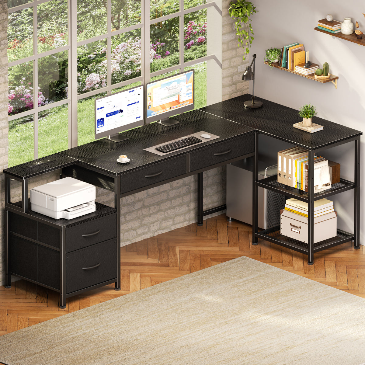 Korfile 65 Inch L Shaped Computer Desk with Power Outlet, Drawers, Black