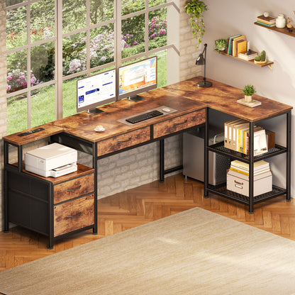 Korfile 65 Inch L Shaped Computer Desk with Power Outlet, Drawers, Rustic Brown