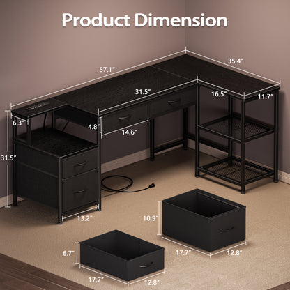 Korfile 57 Inch L Shaped Computer Desk with Power Outlet, Drawers, Black