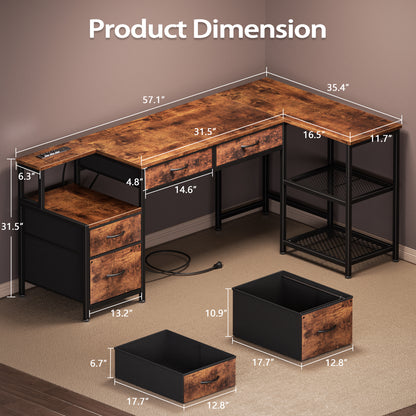 Korfile 57 Inch L Shaped Computer Desk with Power Outlet, Drawers, Rustic Brown