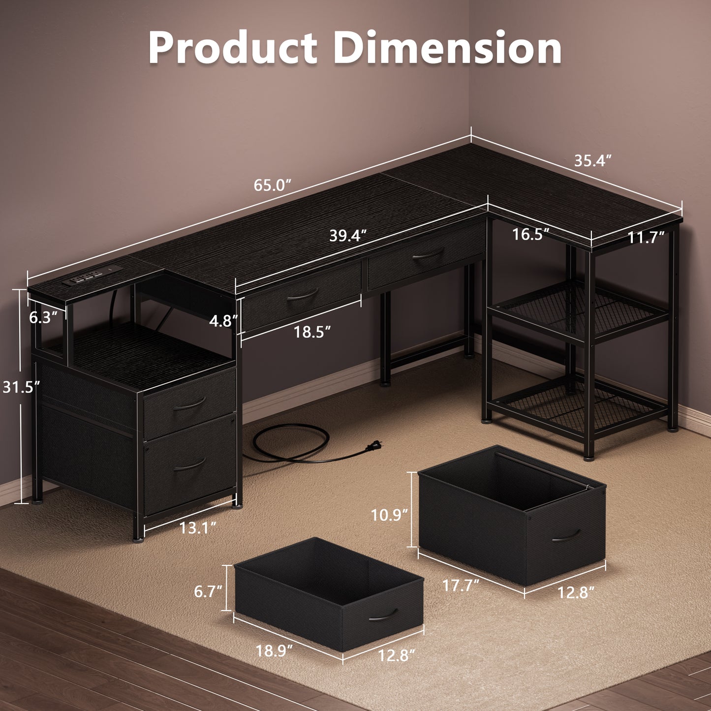 Korfile 65 Inch L Shaped Computer Desk with Power Outlets, Reversible Home Office Desk with 4 Fabric Drawers & 2 Adjustable Mesh Shelves, Corner Study Work Desk with Larger Storage, Black