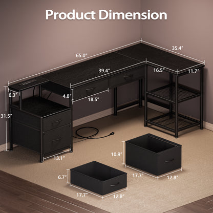 Korfile 65 Inch L Shaped Computer Desk with Power Outlet, Drawers, Black