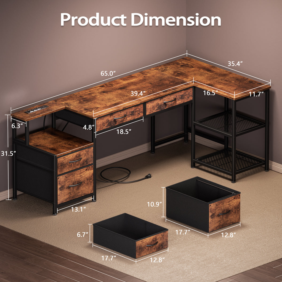 Korfile 65 Inch L Shaped Computer Desk with Power Outlet, Drawers, Rustic Brown