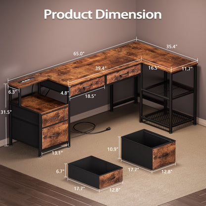 Korfile 65 Inch L Shaped Computer Desk with Power Outlet, Drawers, Rustic Brown