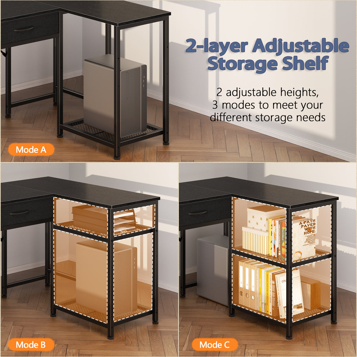 Korfile 65 Inch L Shaped Computer Desk with Power Outlet, Drawers, Black