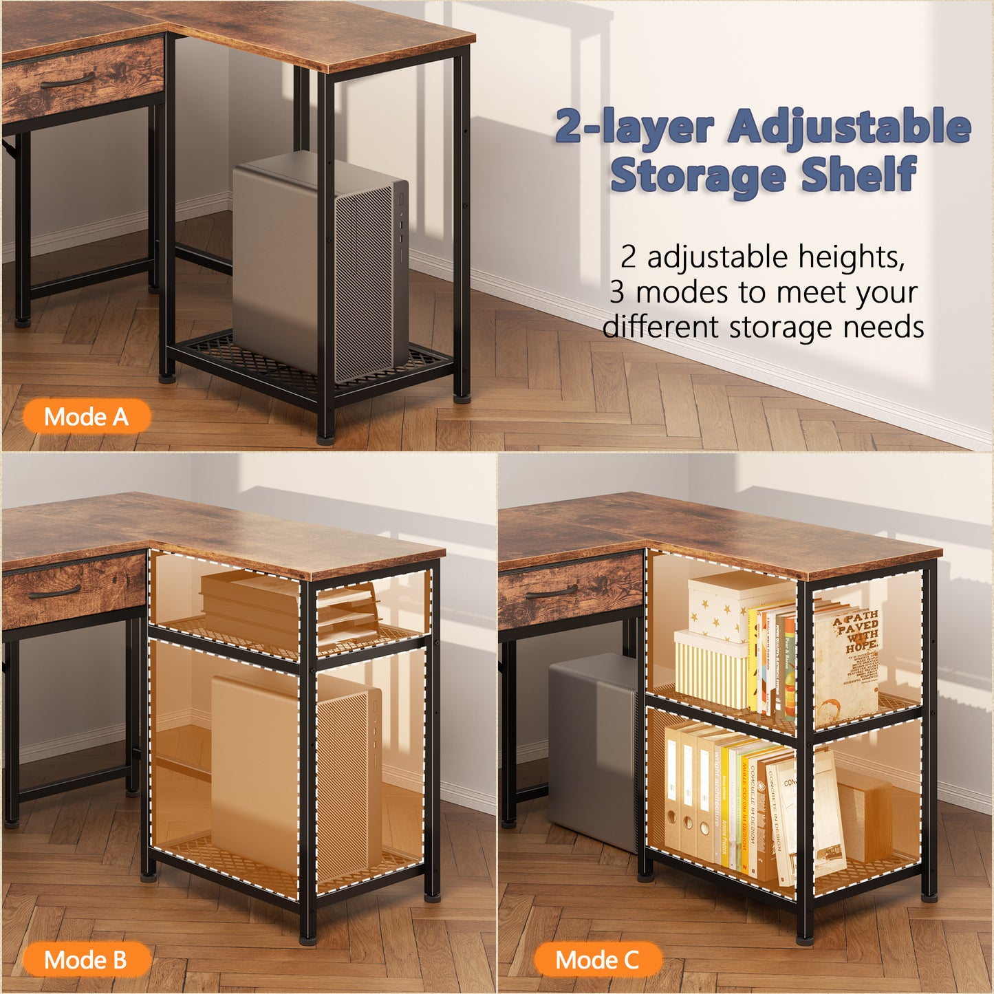 Korfile 65 Inch L Shaped Computer Desk with Power Outlets, Reversible Home Office Desk with 4 Fabric Drawers & 2 Adjustable Mesh Shelves, Corner Study Work Desk with Larger Storage, Rustic Brown