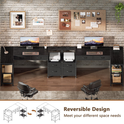 Korfile 57 Inch L Shaped Computer Desk with Power Outlets, Reversible Home Office Desk with 4 Fabric Drawers & 2 Adjustable Mesh Shelves, Corner Study Work Desk with Larger Storage, Black
