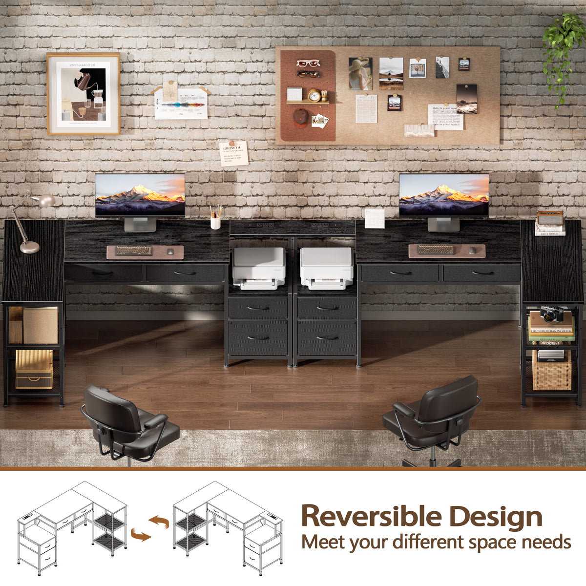 Korfile 57 Inch L Shaped Computer Desk with Power Outlet, Drawers, Black