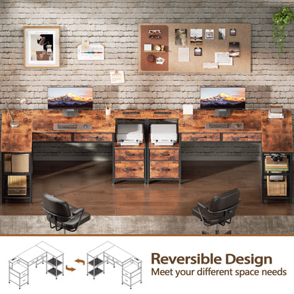 Korfile 57 Inch L Shaped Computer Desk with Power Outlet, Drawers, Rustic Brown