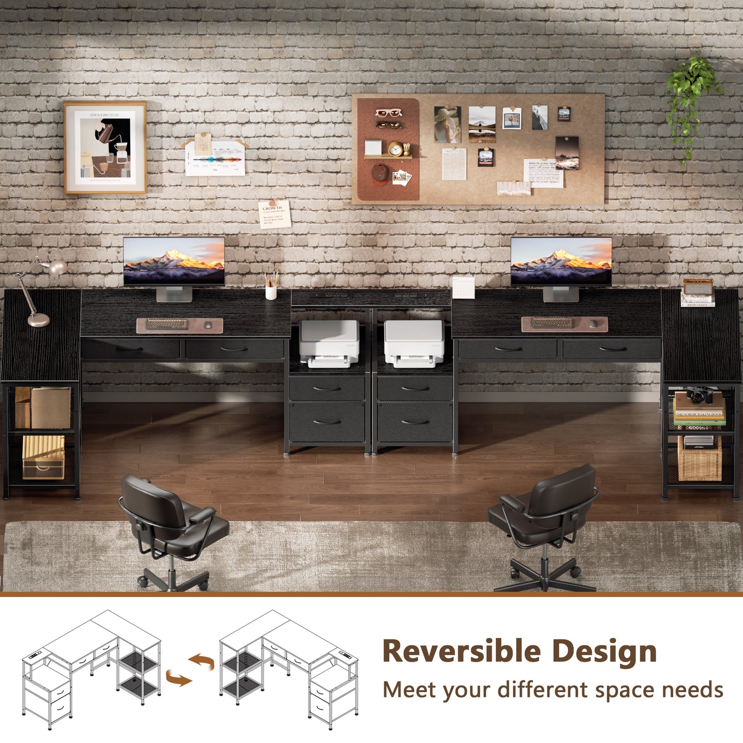 Korfile 65 Inch L Shaped Computer Desk with Power Outlets, Reversible Home Office Desk with 4 Fabric Drawers & 2 Adjustable Mesh Shelves, Corner Study Work Desk with Larger Storage, Black