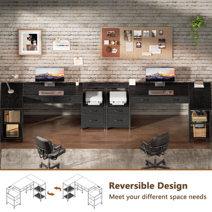Korfile 65 Inch L Shaped Computer Desk with Power Outlets, Reversible Home Office Desk with 4 Fabric Drawers & 2 Adjustable Mesh Shelves, Corner Study Work Desk with Larger Storage, Black