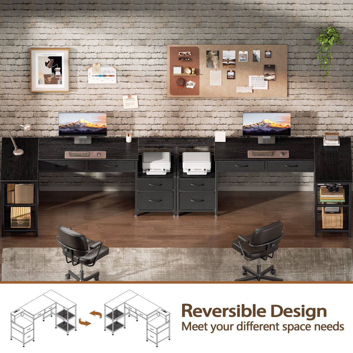 Korfile 65 Inch L Shaped Computer Desk with Power Outlet, Drawers, Black