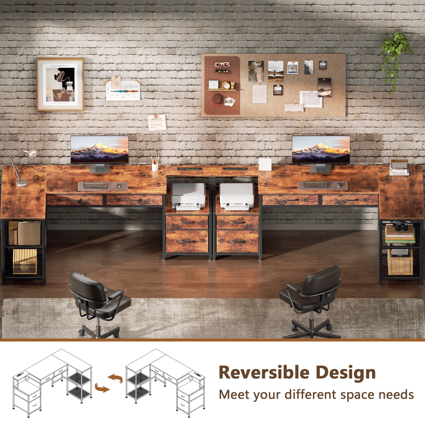 Korfile 65 Inch L Shaped Computer Desk with Power Outlets, Reversible Home Office Desk with 4 Fabric Drawers & 2 Adjustable Mesh Shelves, Corner Study Work Desk with Larger Storage, Rustic Brown