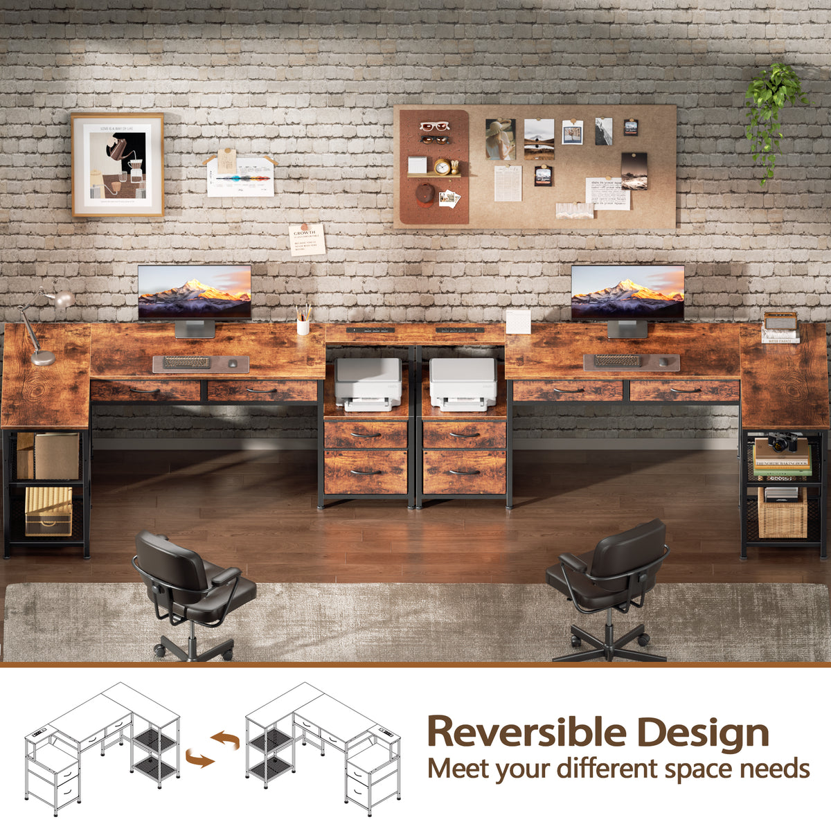 Korfile 65 Inch L Shaped Computer Desk with Power Outlet, Drawers, Rustic Brown