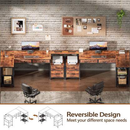 Korfile 65 Inch L Shaped Computer Desk with Power Outlet, Drawers, Rustic Brown