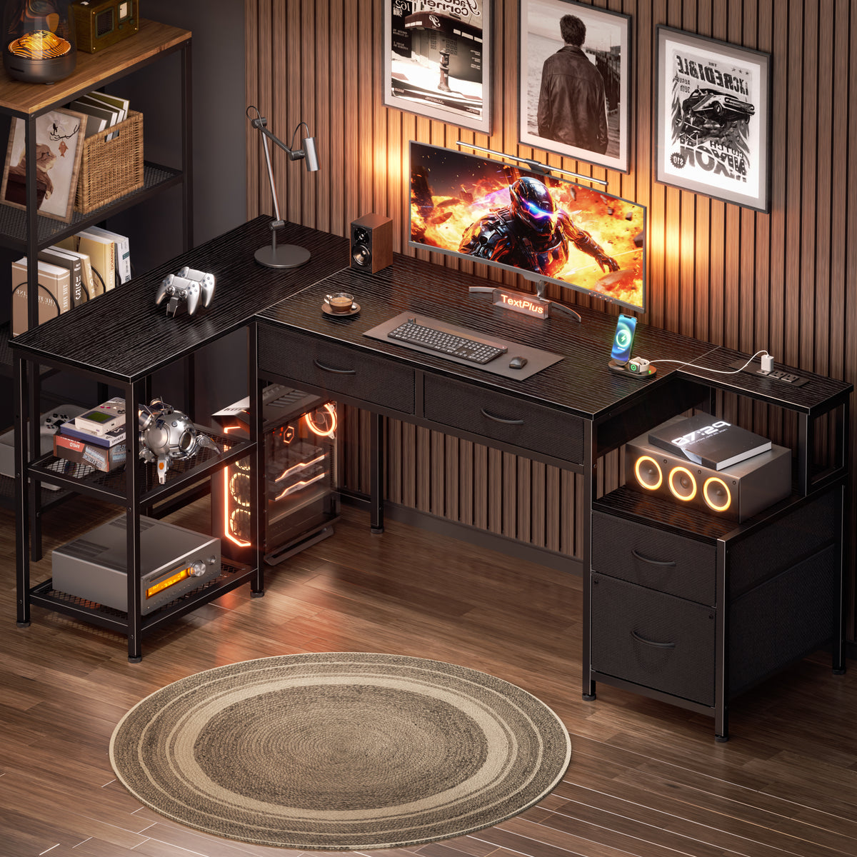 Korfile 57 Inch L Shaped Computer Desk with Power Outlet, Drawers, Black