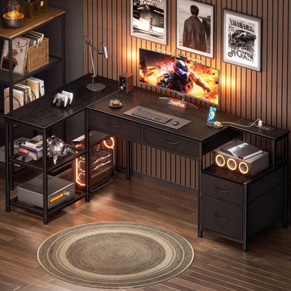 Korfile 57 Inch L Shaped Computer Desk with Power Outlet, Drawers, Black
