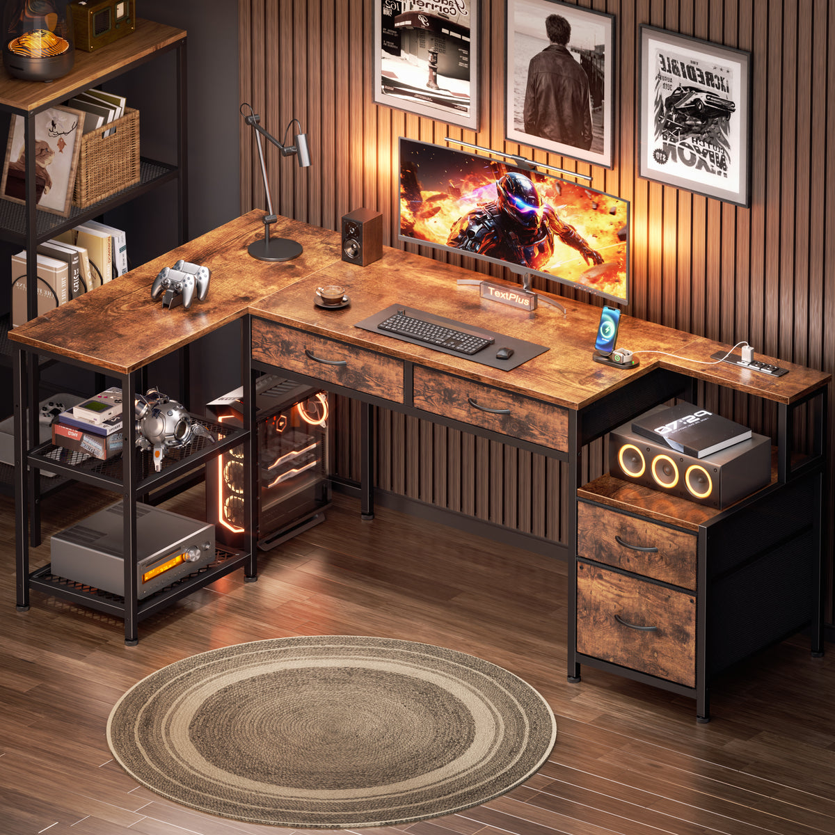 Korfile 57 Inch L Shaped Computer Desk with Power Outlet, Drawers, Rustic Brown