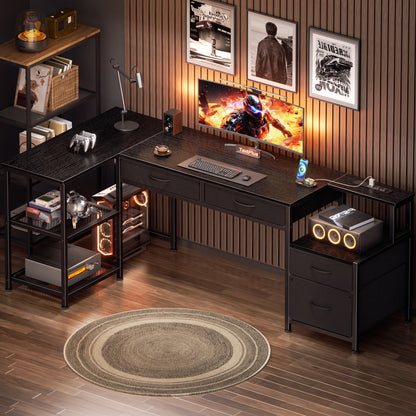 Korfile 65 Inch L Shaped Computer Desk with Power Outlets, Reversible Home Office Desk with 4 Fabric Drawers & 2 Adjustable Mesh Shelves, Corner Study Work Desk with Larger Storage, Black