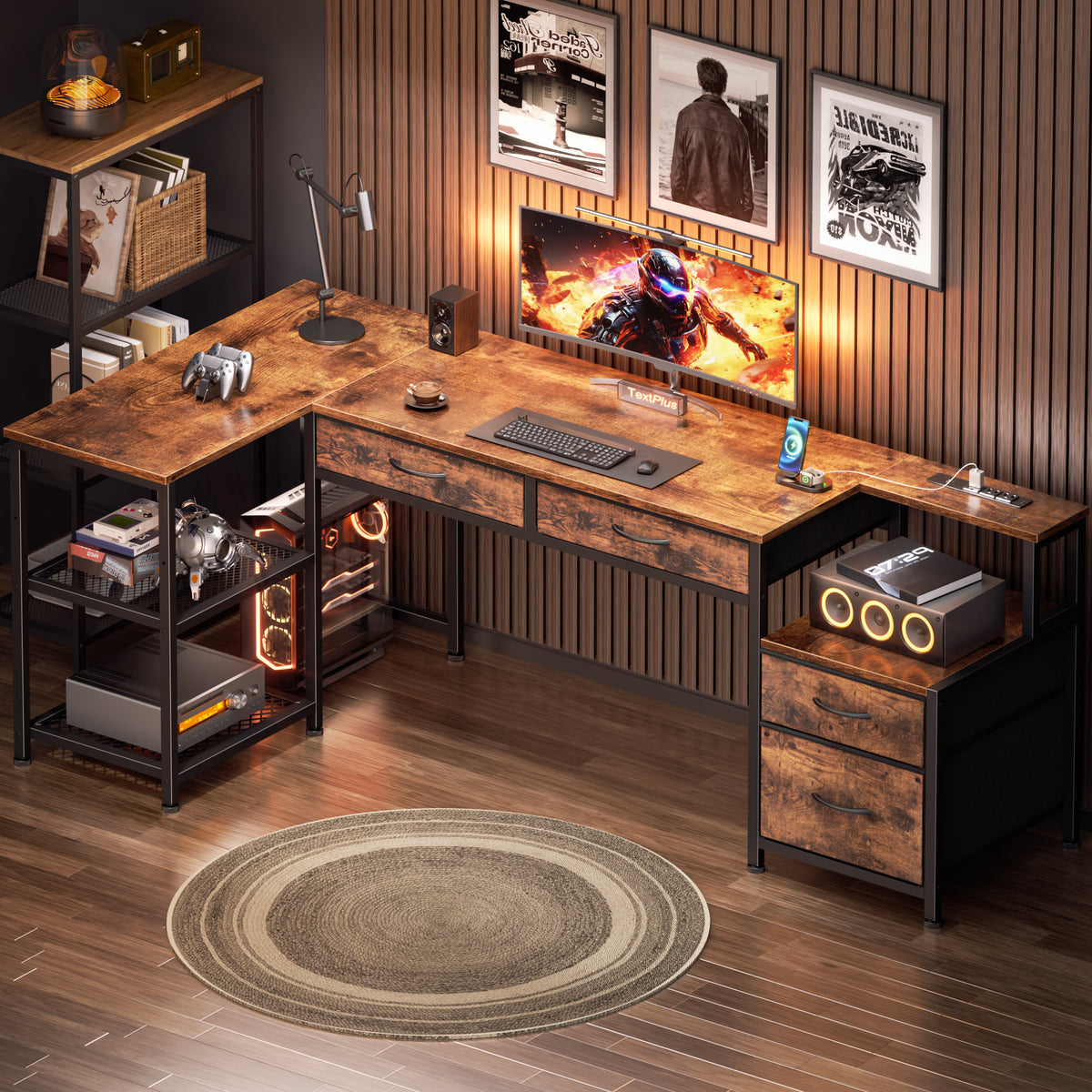 Korfile 65 Inch L Shaped Computer Desk with Power Outlet, Drawers, Rustic Brown