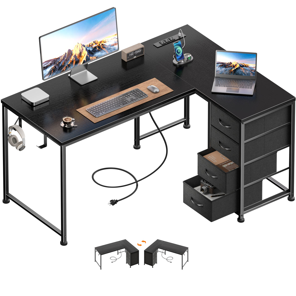 Korfile 43 Inch L Shaped Computer Desk with Power Outlets & Drawers, Black