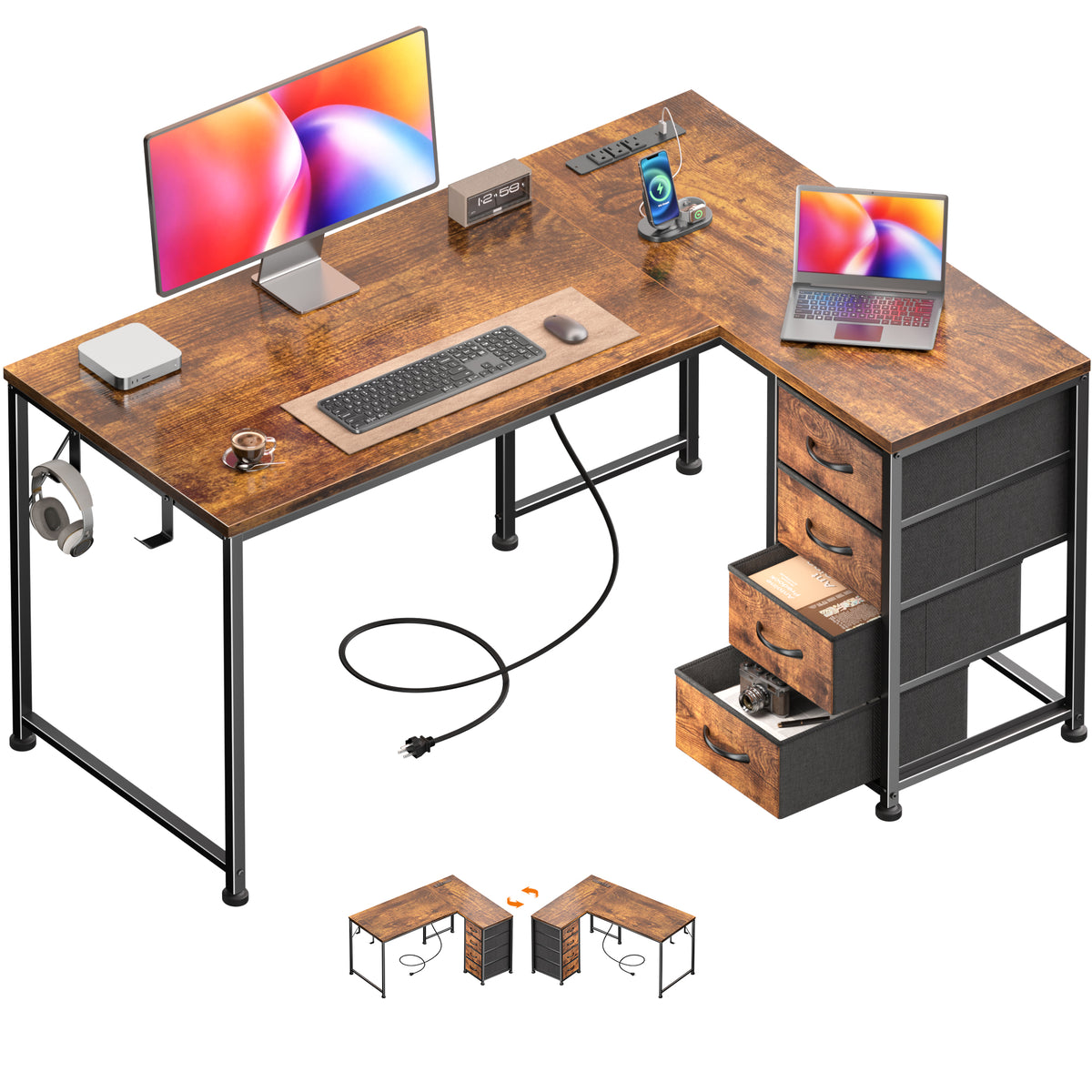 Korfile 43 Inch L Shaped Computer Desk with Power Outlets & Drawers, Rustic Brown