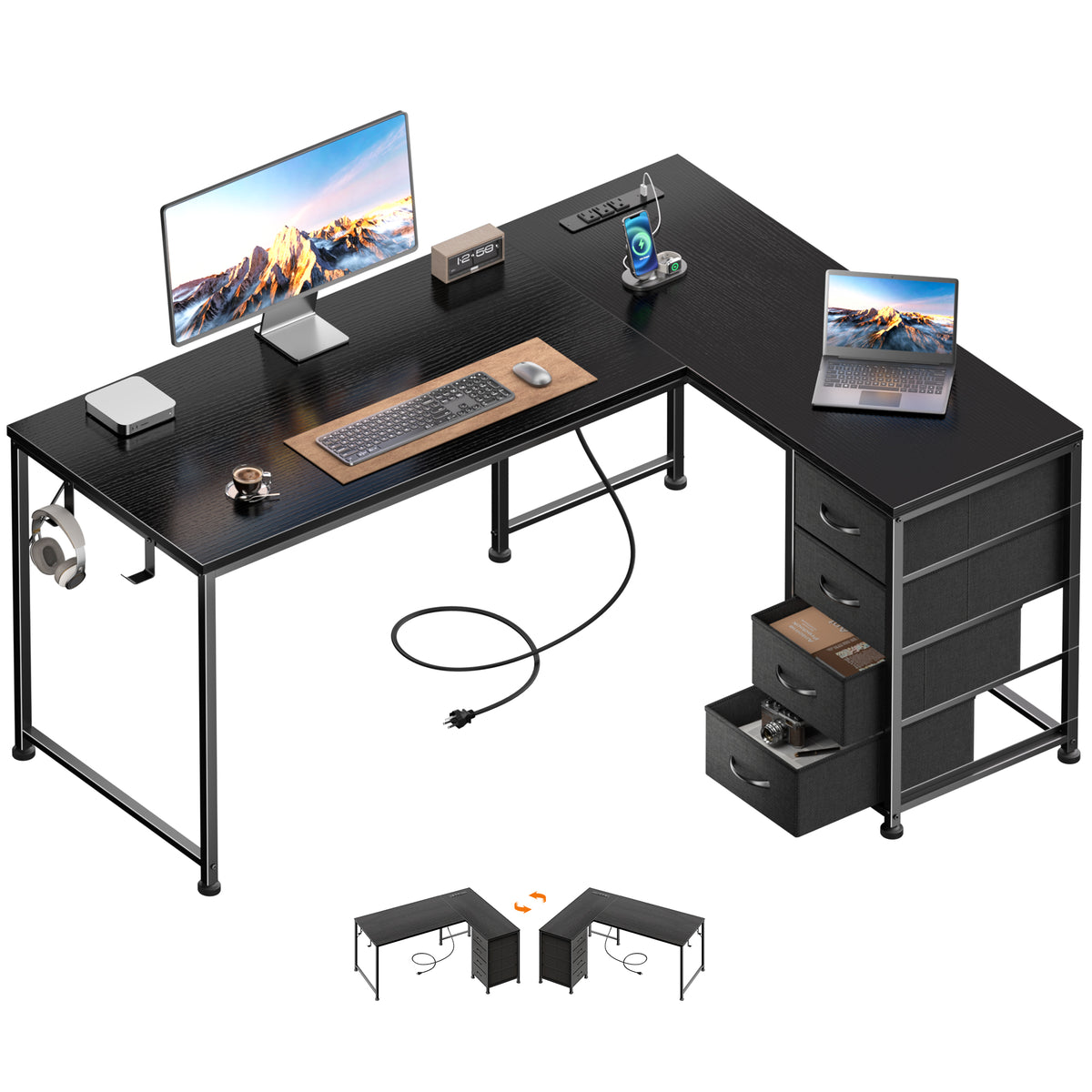 Korfile 53 Inch L Shaped Computer Desk with Power Outlets & Drawers, Black